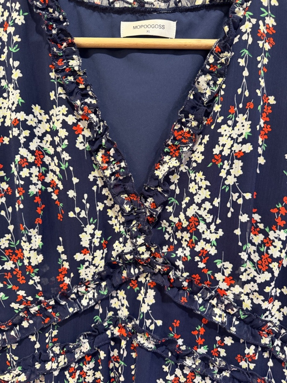 Navy Floral Ruffle Midi Dress with Tie-Front by - Picture 4 of 6